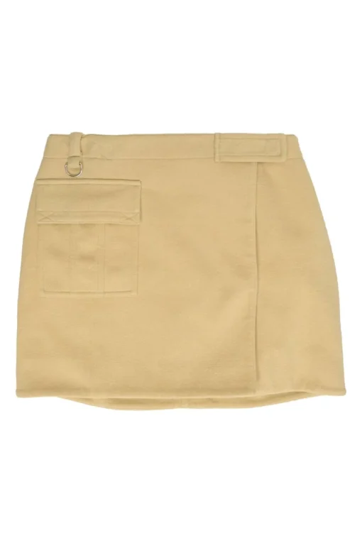 Butter yellow polyester-blend pull-on apron-style mini skirt with cargo hip pocket