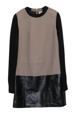 Camel and black leather-trimmed acetate-blend colour-block pullover shift dress