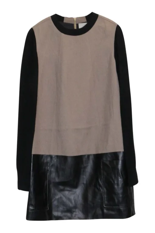 Camel and black leather-trimmed acetate-blend colour-block pullover shift dress