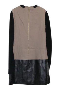 Camel and black leather-trimmed acetate-blend colour-block pullover shift dress