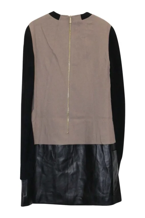 Camel and black leather-trimmed acetate-blend colour-block pullover shift dress