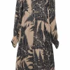 Camel and black silk palm leaf print pussy-bow swing-style shift dress with raglan bishop sleeves