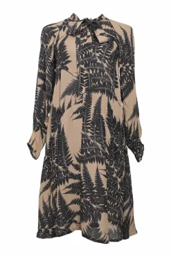 Camel and black silk palm leaf print pussy-bow swing-style shift dress with raglan bishop sleeves
