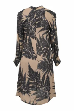 Camel and black silk palm leaf print pussy-bow swing-style shift dress with raglan bishop sleeves