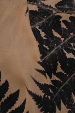 Camel and black silk palm leaf print pussy-bow swing-style shift dress with raglan bishop sleeves