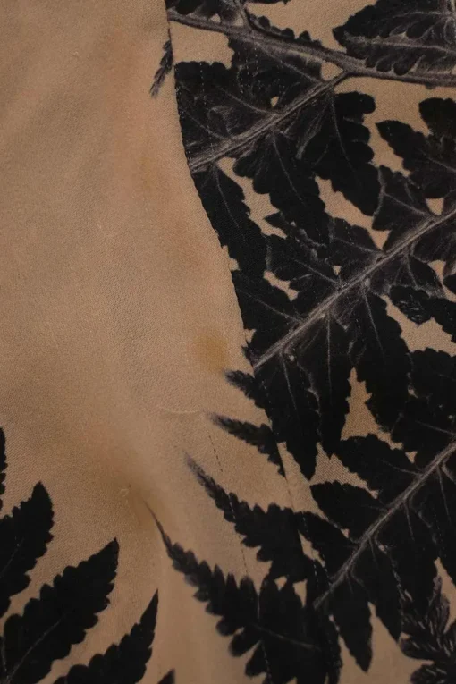 Camel and black silk palm leaf print pussy-bow swing-style shift dress with raglan bishop sleeves