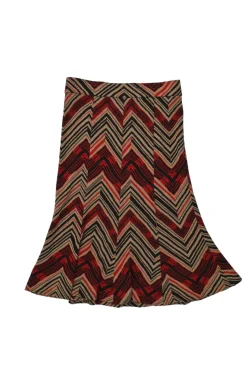 Camel and red wool-blend paneled chevron stripe jacquard knit flounce midi skirt