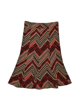 Camel and red wool-blend paneled chevron stripe jacquard knit flounce midi skirt