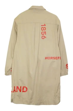 Camel cotton half-button pullover shirt dress featuring screen-printed Horseferry motif