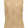 Camel cotton-blend floral lace sleeveless peek-a-boo blouse
