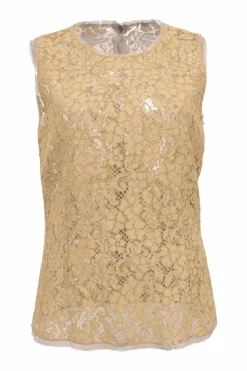 Camel cotton-blend floral lace sleeveless peek-a-boo blouse