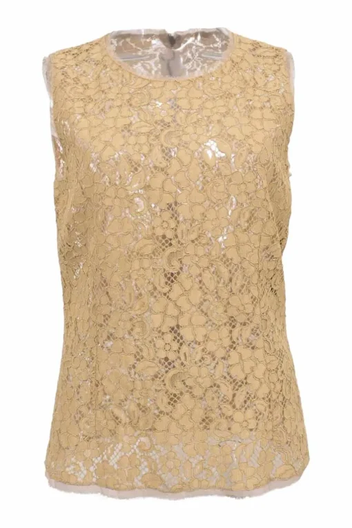 Camel cotton-blend floral lace sleeveless peek-a-boo blouse