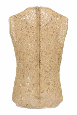 Camel cotton-blend floral lace sleeveless peek-a-boo blouse