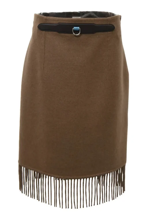 Camel double-sided cashmere high-waist fringe skirt