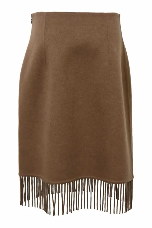 Camel double-sided cashmere high-waist fringe skirt