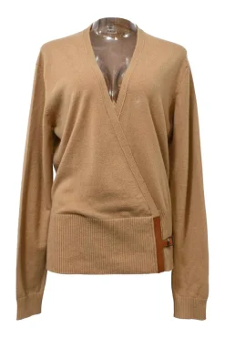 Camel draped cashmere jersey knit wrap-front plunge neck dolman sleeve blouson cardigan