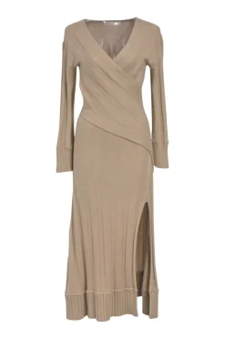 Camel flat rib long sleeve midi dress with plunge neck wrap-effect bodice and slit skirt