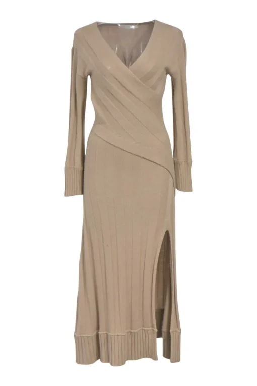 Camel flat rib long sleeve midi dress with plunge neck wrap-effect bodice and slit skirt
