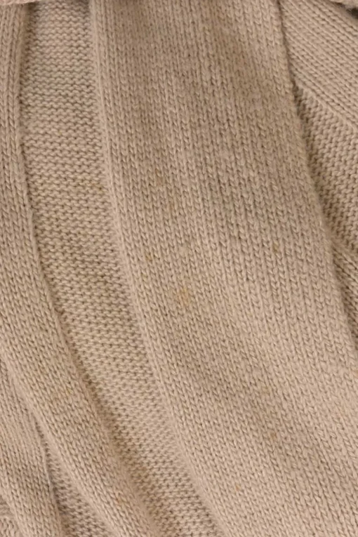 Camel flat rib long sleeve midi dress with plunge neck wrap-effect bodice and slit skirt