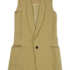 Camel linen-blend shawl collar longline tailored waistcoat