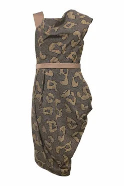 Camel metallic viscose-blend abstract leopard jacquard cowl-draped sheath dress