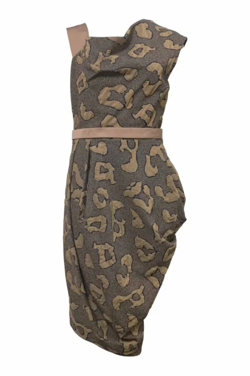 Camel metallic viscose-blend abstract leopard jacquard cowl-draped sheath dress