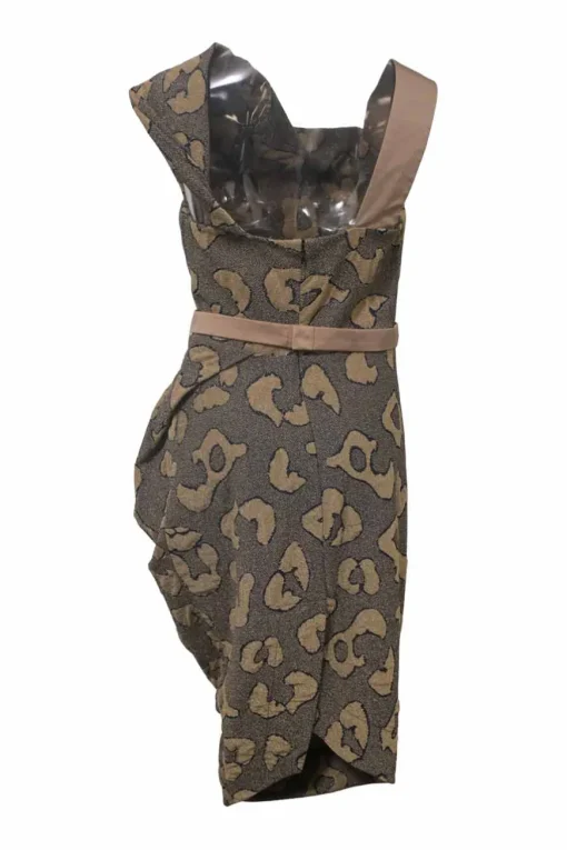 Camel metallic viscose-blend abstract leopard jacquard cowl-draped sheath dress