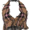 Camel raw-edge check tweed halter-neck bustier top