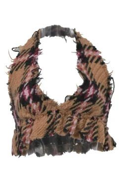 Camel raw-edge check tweed halter-neck bustier top