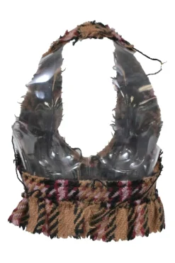 Camel raw-edge check tweed halter-neck bustier top