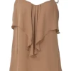 Camel silk bi-layer cascade drape camisole with fixed spaghetti straps and scoop back
