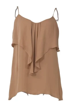Camel silk bi-layer cascade drape camisole with fixed spaghetti straps and scoop back