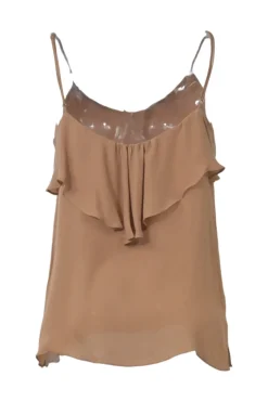 Camel silk bi-layer cascade drape camisole with fixed spaghetti straps and scoop back
