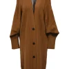 Camel virgin wool knit V-neck "H" motif long cardigan