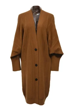 Camel virgin wool knit V-neck "H" motif long cardigan