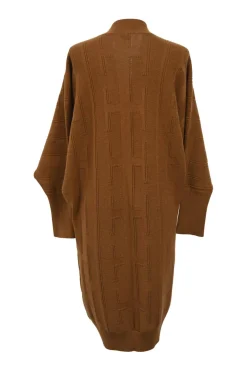 Camel virgin wool knit V-neck "H" motif long cardigan