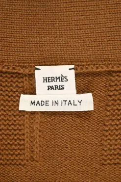 Camel virgin wool knit V-neck "H" motif long cardigan