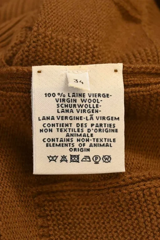 Camel virgin wool knit V-neck "H" motif long cardigan