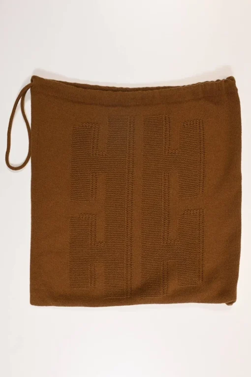 Camel virgin wool knit V-neck "H" motif long cardigan
