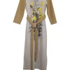 Camel wool-blend camel hair and taupe linen pullover tie waist long sleeve midi dress with floral motif