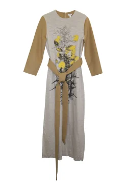 Camel wool-blend camel hair and taupe linen pullover tie waist long sleeve midi dress with floral motif