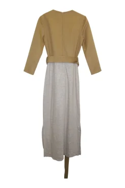 Camel wool-blend camel hair and taupe linen pullover tie waist long sleeve midi dress with floral motif