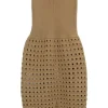 Camel wool-blend fully-fashioned pull-on rib and pointelle knit pencil skirt with contrast hem trim