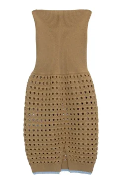 Camel wool-blend fully-fashioned pull-on rib and pointelle knit pencil skirt with contrast hem trim