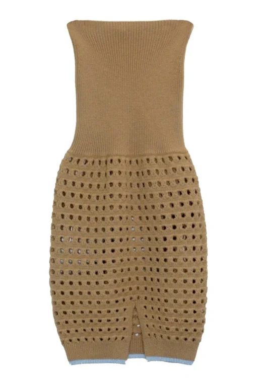 Camel wool-blend fully-fashioned pull-on rib and pointelle knit pencil skirt with contrast hem trim