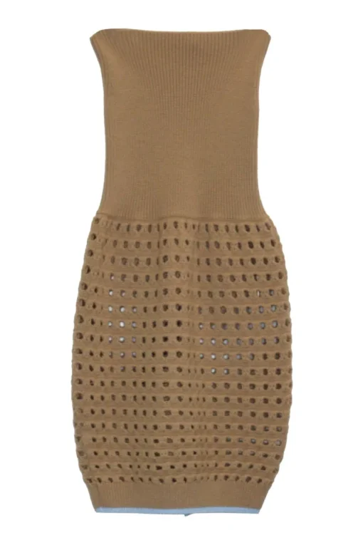 Camel wool-blend fully-fashioned pull-on rib and pointelle knit pencil skirt with contrast hem trim