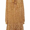 Caramel viscose-polyester blend metallic dot georgette tie neck drop waist pullover tiered shift dress