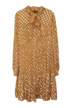 Caramel viscose-polyester blend metallic dot georgette tie neck drop waist pullover tiered shift dress