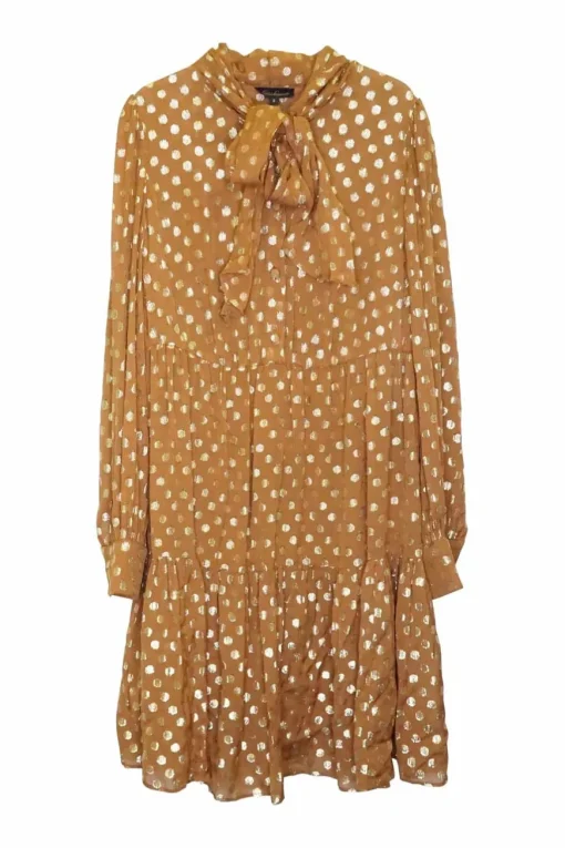 Caramel viscose-polyester blend metallic dot georgette tie neck drop waist pullover tiered shift dress