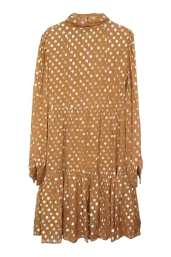 Caramel viscose-polyester blend metallic dot georgette tie neck drop waist pullover tiered shift dress